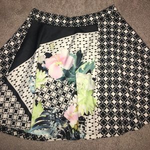 Aqua Neoprene-like Pastel and Black Patterned A-Line Skirt